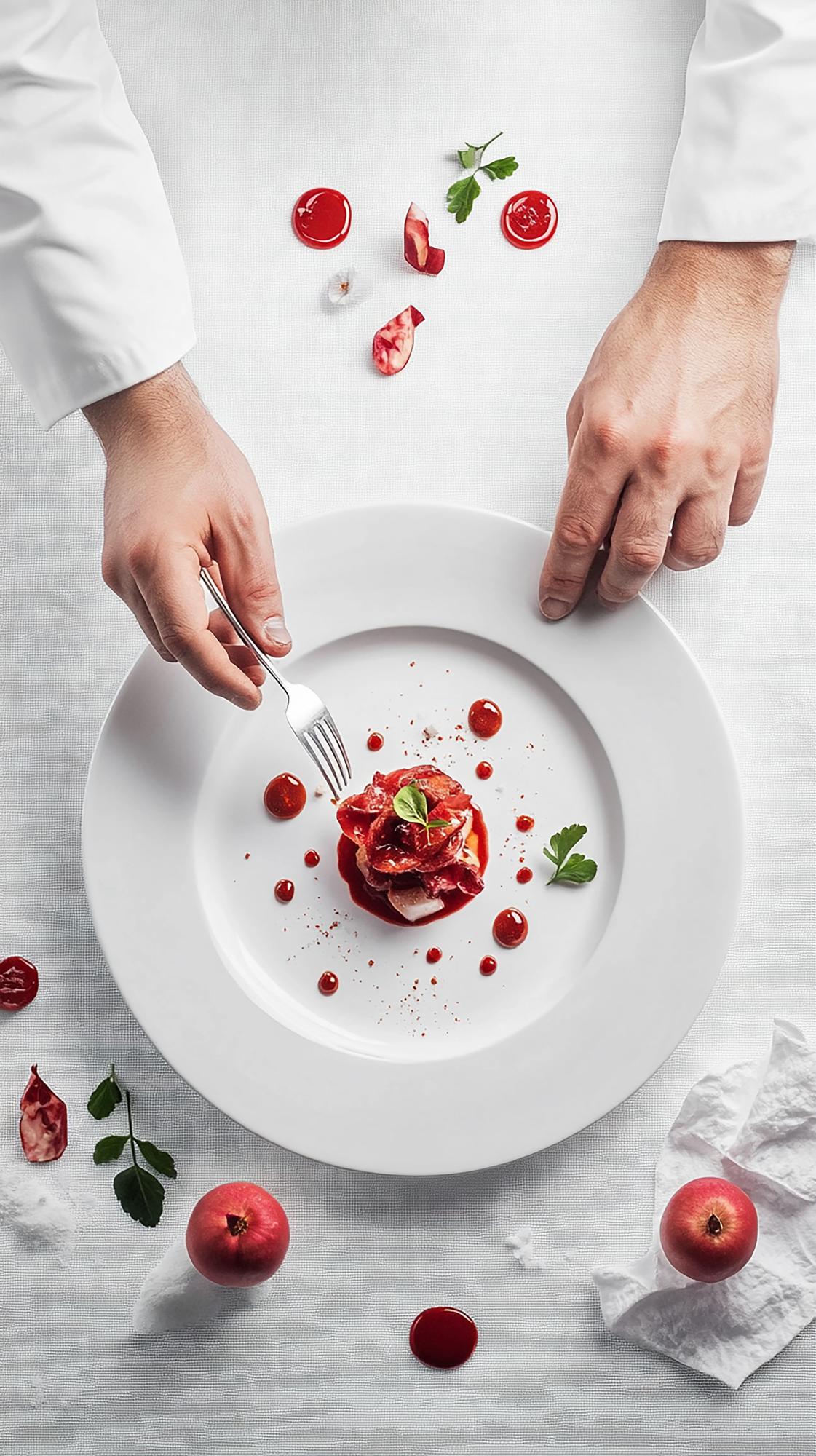 Chef preparing a plated dish with bold colors
